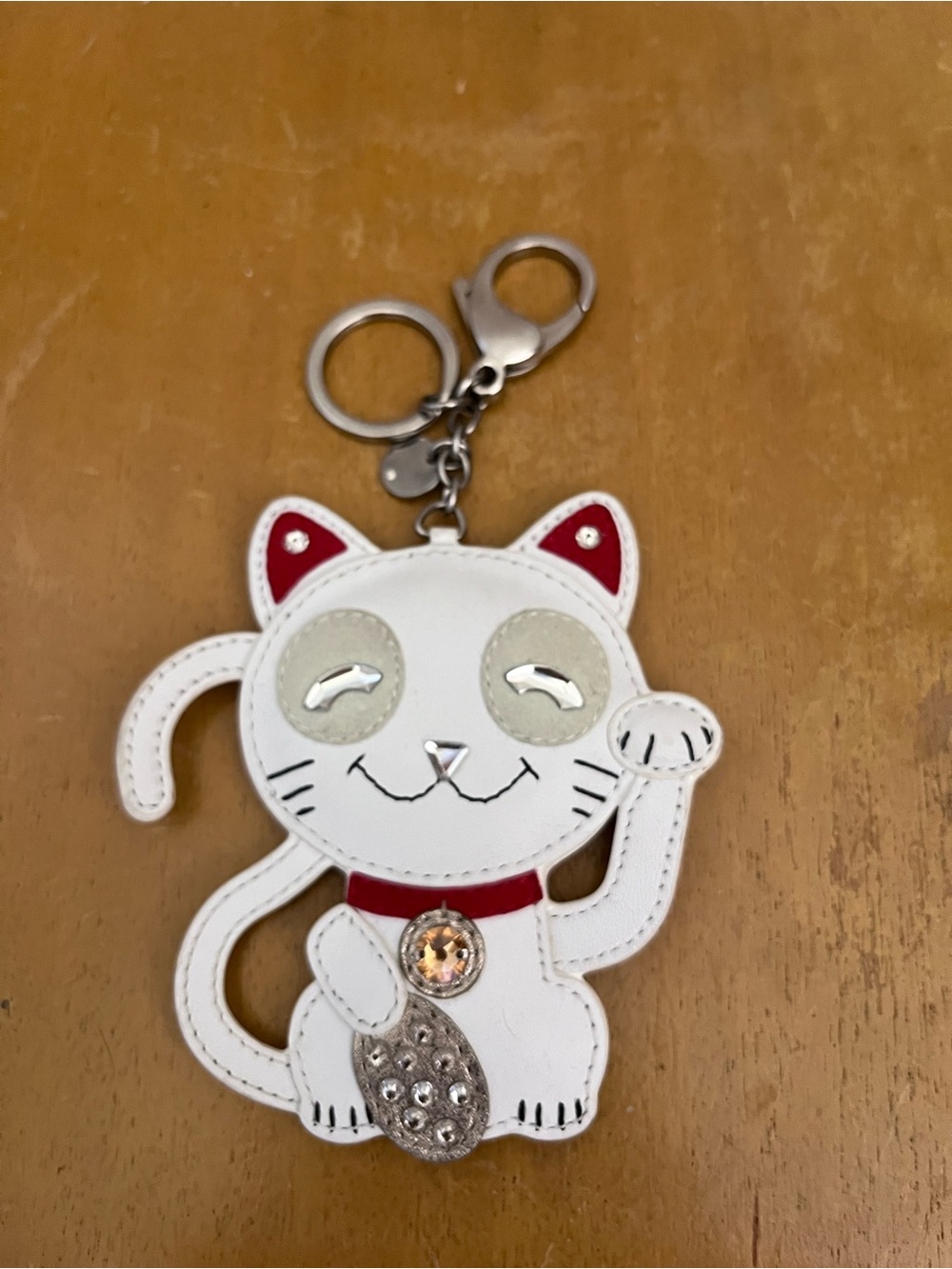 Rare Swarovski Crystal leather bag purse charm lucky cat Maneki Neko key chain - Picture 4 of 6